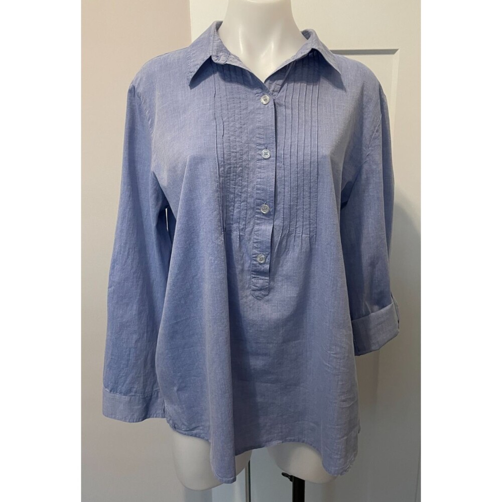 CHICOS Womens Popover TOP Long Tab Sleeve BLUE Pintucks Size 2 (L/12)